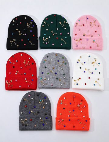 Rhinestone Safety Pin Beanie - DippedShop Wholesale - #1267
