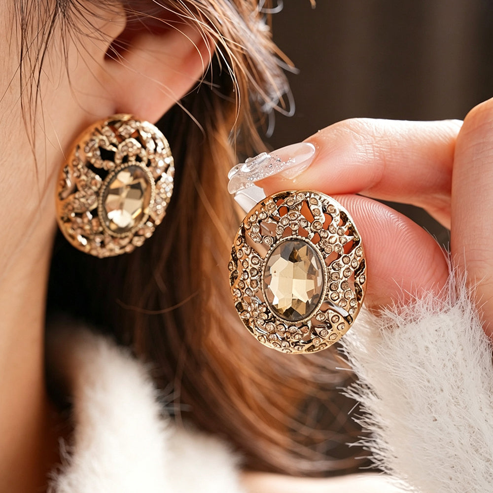 Champagne Rhinestones Oval Stud Earrings 6W6JER791