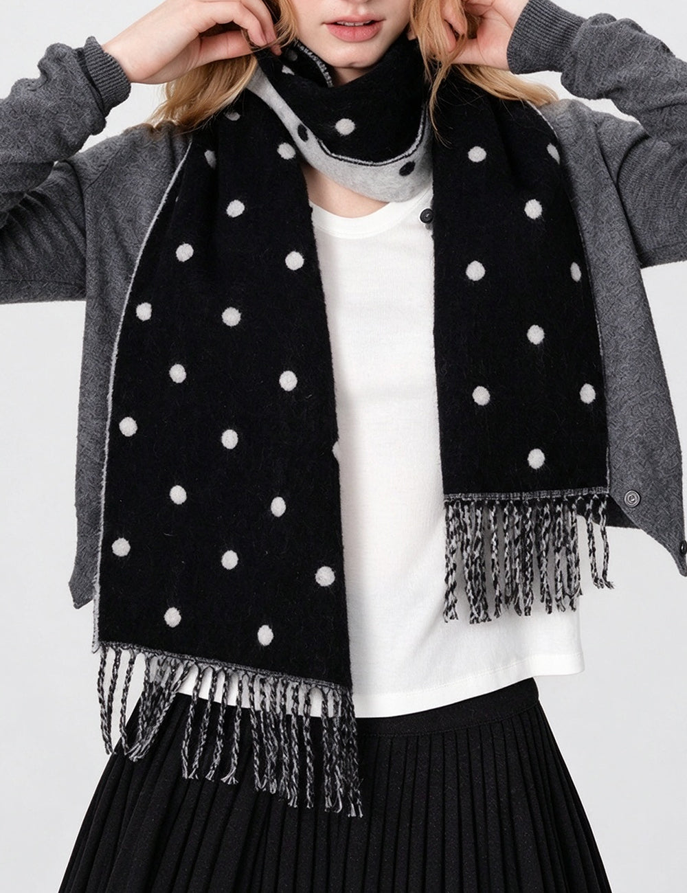 Reversible Polka Dot Fringe Scarf - DippedShop Wholesale - #7539