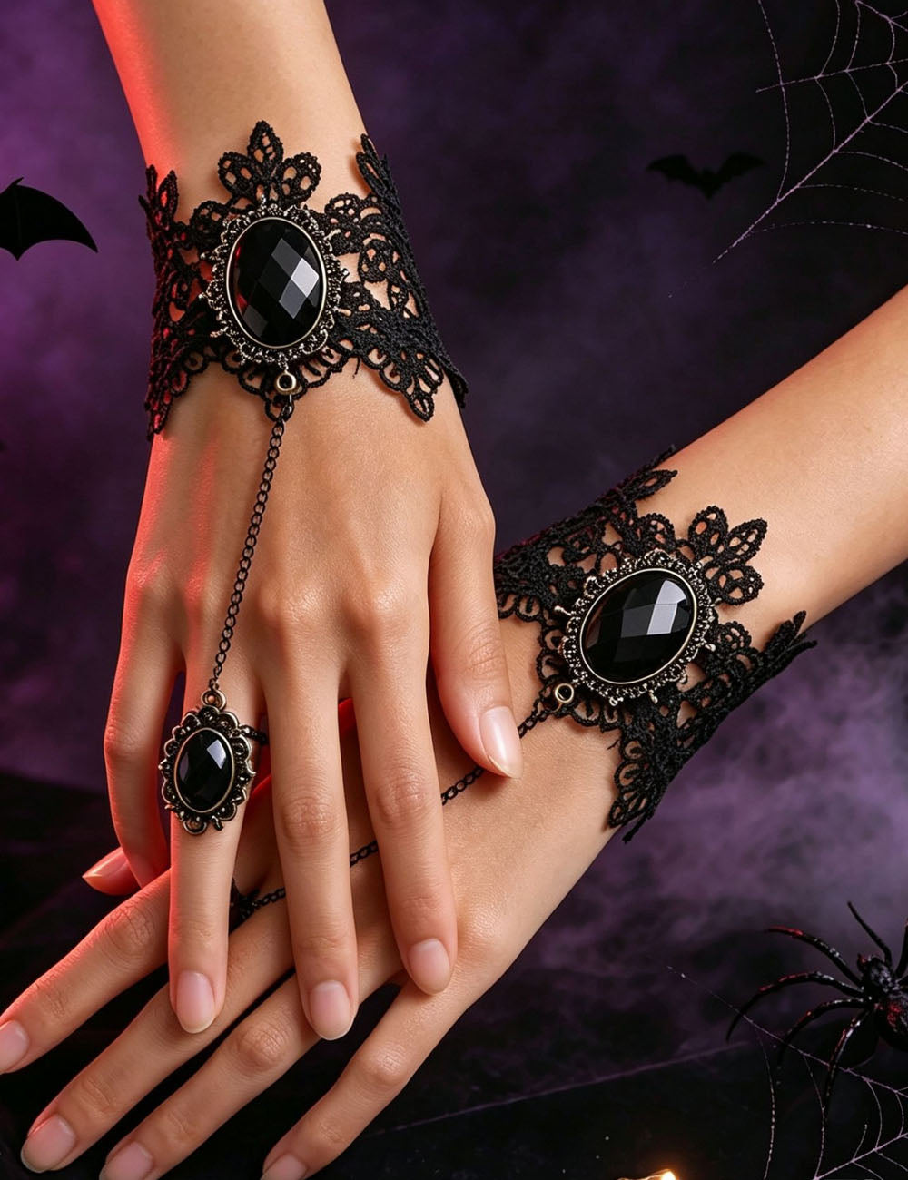 Vintage Gothic Black Lace Bracelet with Finger Ring 6W6JBR447