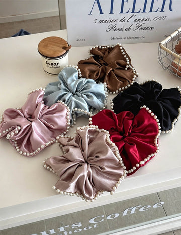 Elegant Pearl Ruffled Satin Hair Scrunchies MK2BW6W6HSR63