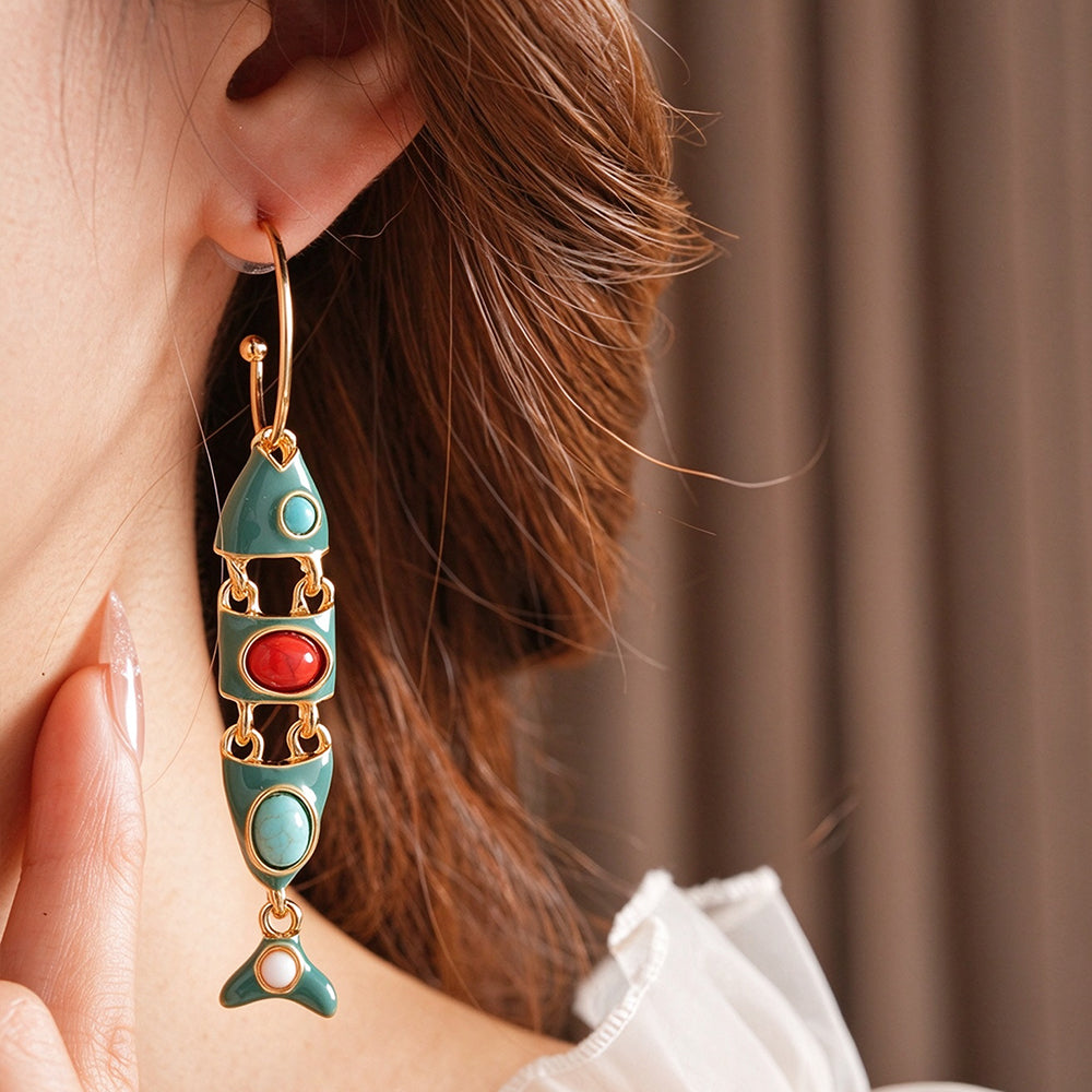Vintage Enamel Fish Dangle Earrings 6W6JER838