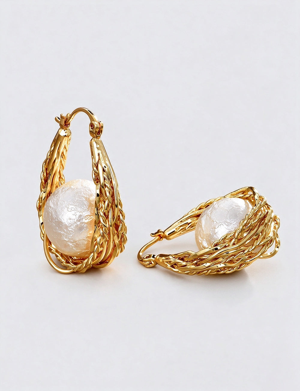 Trendy Pearl Gold Plated Geometric Hoop Earrings 6W6JER940