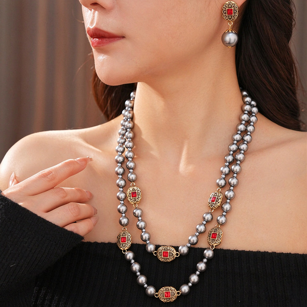 Retro Double Layer Geometry Pearl Necklace 6W6JNC952