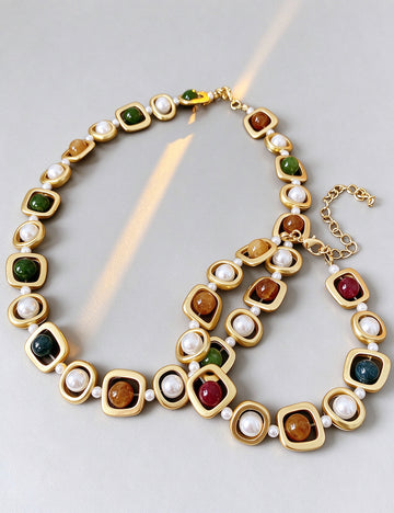Retro Rhinestones Floral Pearl Chain Necklace 6W6JNC890