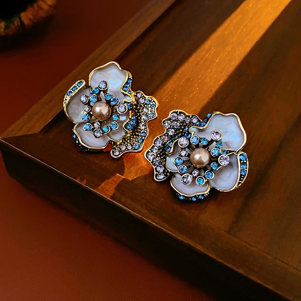 Retro Rhinestone Enamel Floral Pearl Necklace 6W6JNC962
