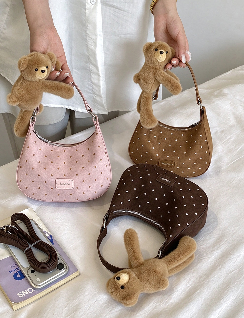 Sweet Plush Bear Charm Polka Dot  Shoulder Bag 6W10BBG2478