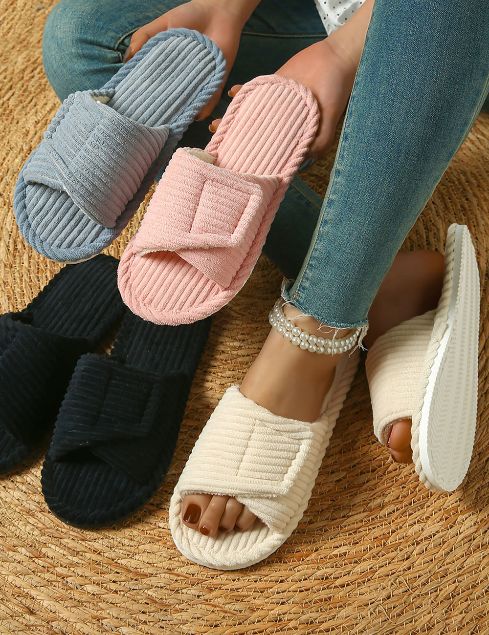 Plush Open Toe Adjustable Slippers - DippedShop Wholesale - #0547