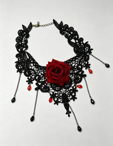 Vintage Black Lace Red Rose Choker 6W6JNC882