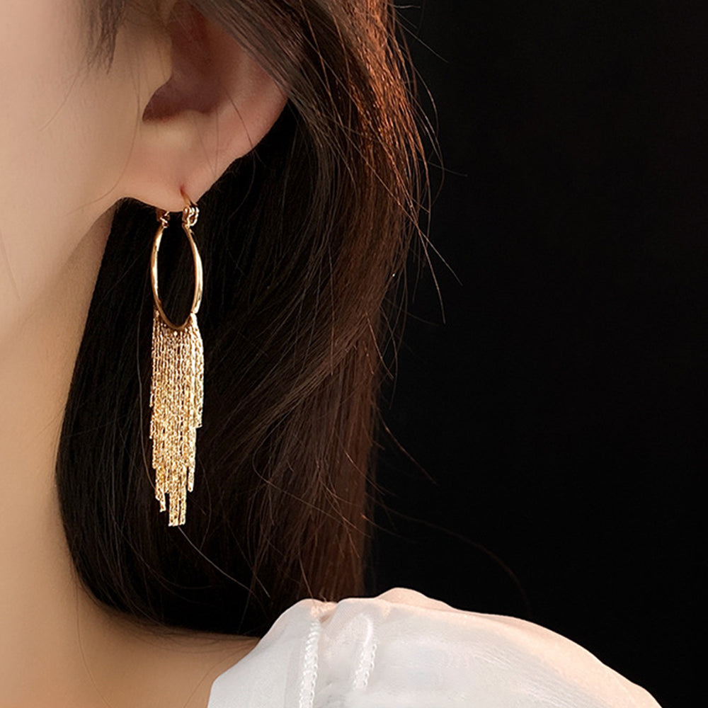Stylish Gold Plated Long Tassel Hoop Earrings 6W6JER705