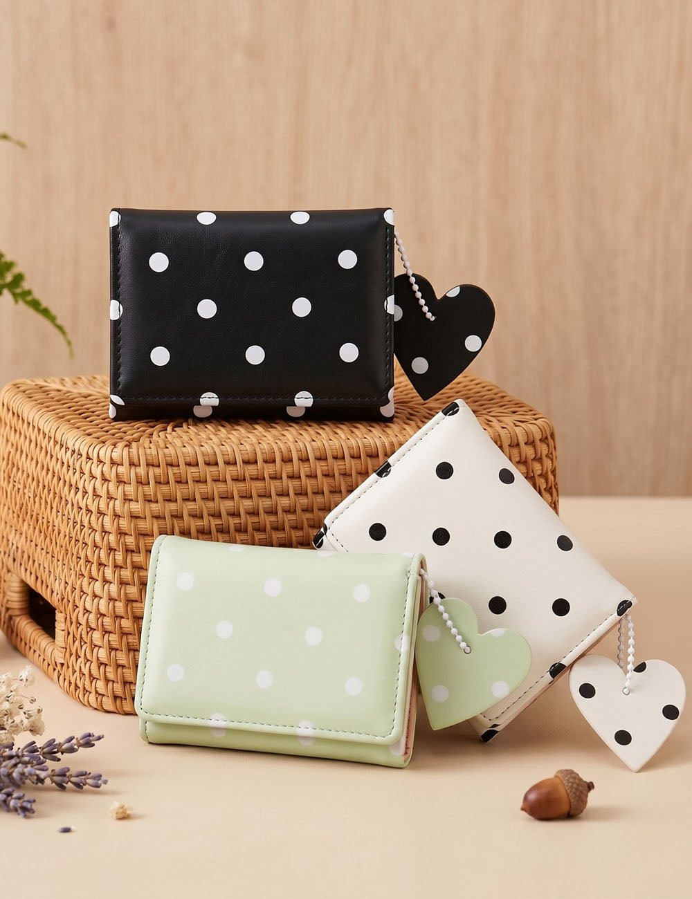 Minimalist Polka Dots Heart Charm Trifold Wallet 6S10BWB97