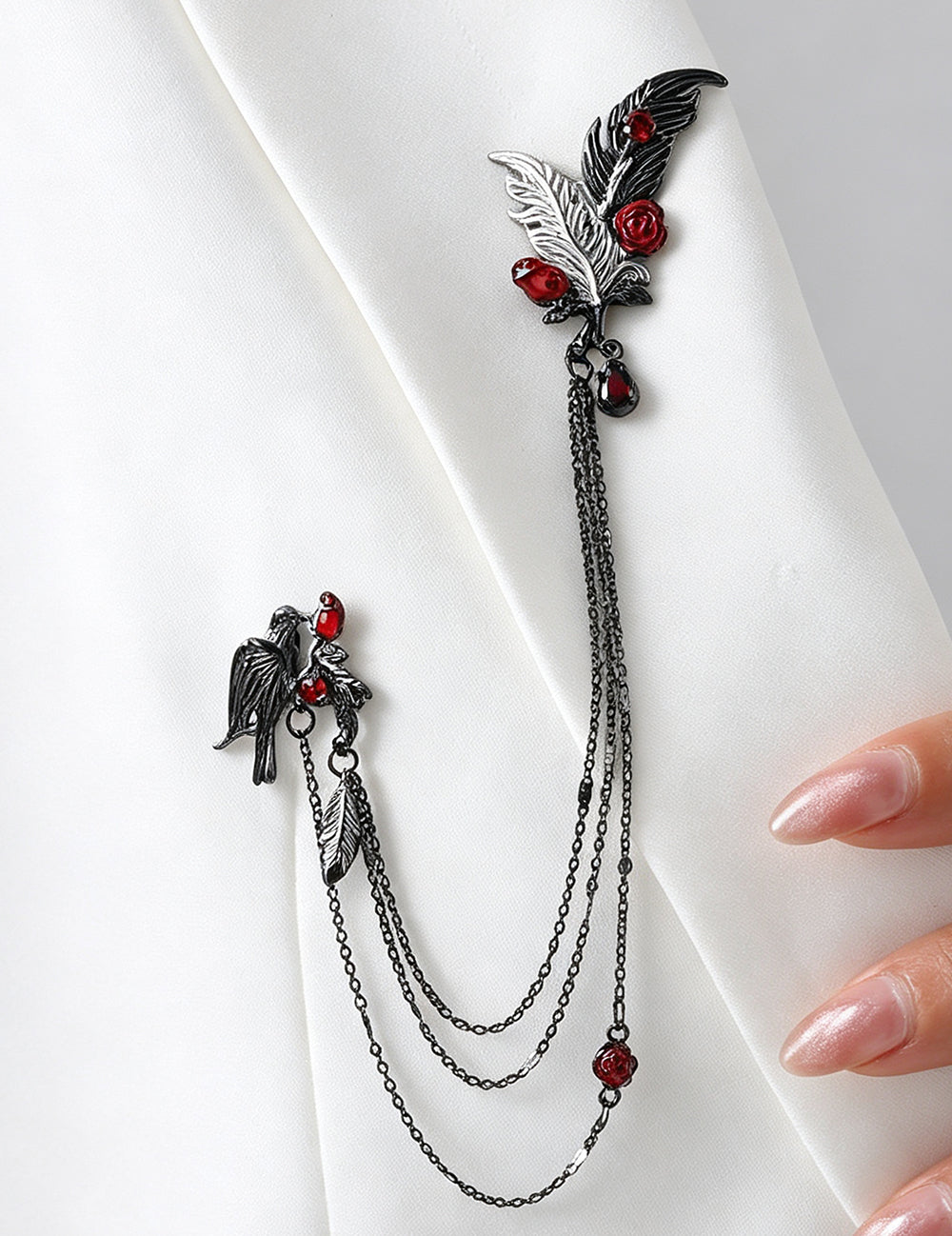 Dark Gothic Feather Rose Red Crystal Brooch 6W6JPB65