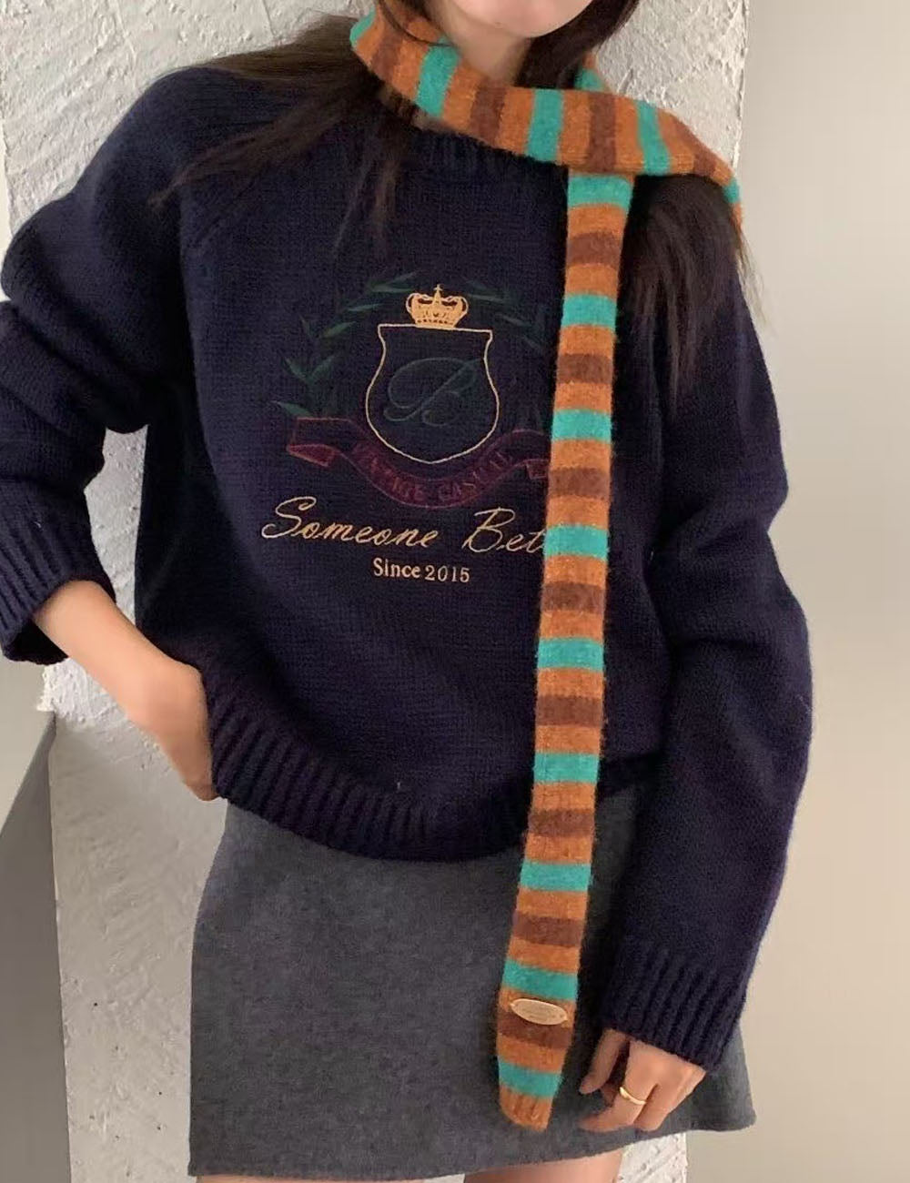 Striped Color Contrast Long Skinny Knit Scarf 6W6NSC86
