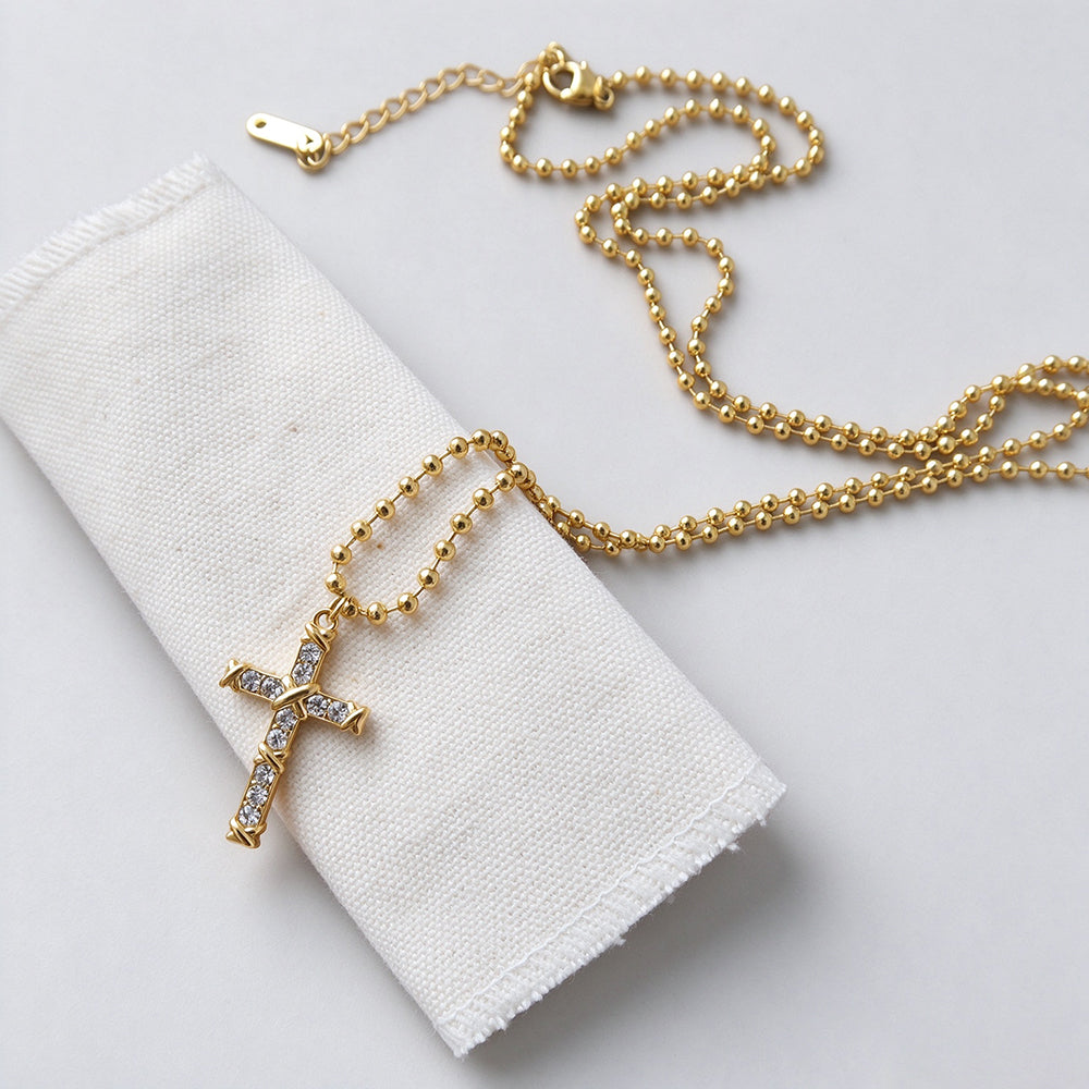Trendy Rhinestone Cross Pendant Bead Chain Necklace 6W6JNC1011