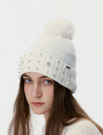 Cute Pom Rhinestone Wool Blend Knit Beanie 6W6HAT644