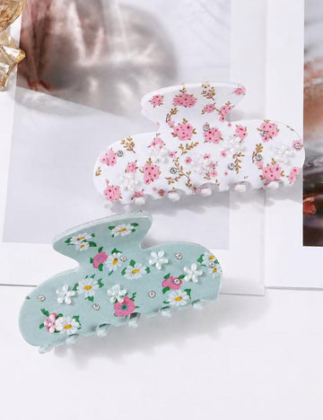 Fresh Rhinestone Floral Print Acetate Hair Claw 6W6HCP1299