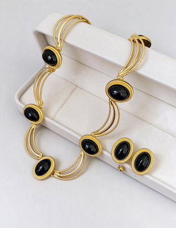 Retro Gold Plated Oval Gemstone Chain Necklace 6W6JNC942