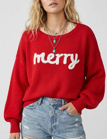 Knitted Graphic Round Neck Merry Pullover Sweater DP25H437