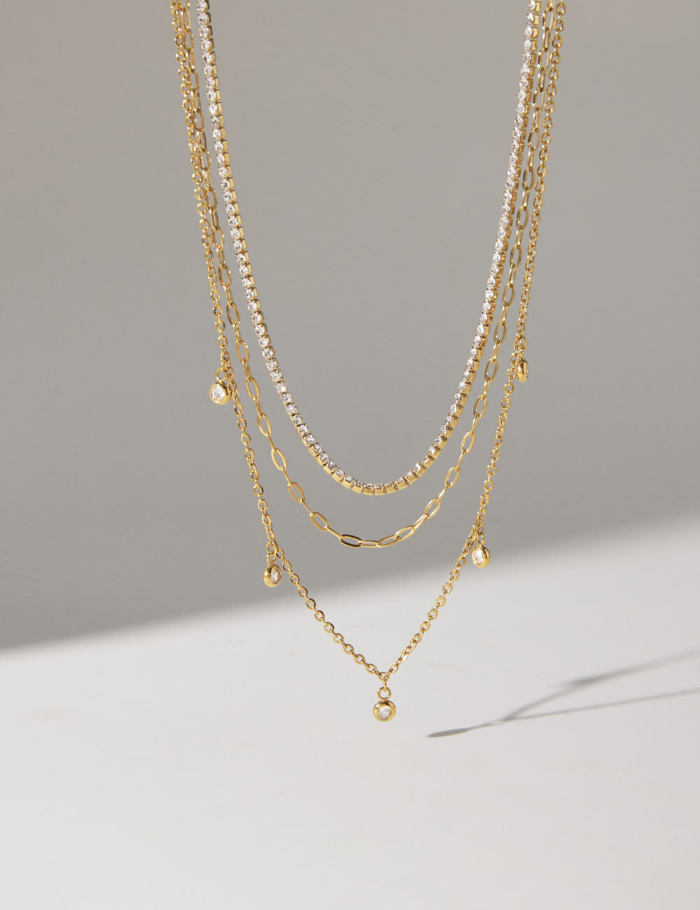 Gold Plated Rhinestone Layered Necklace - DippedShop Wholesale - #4259