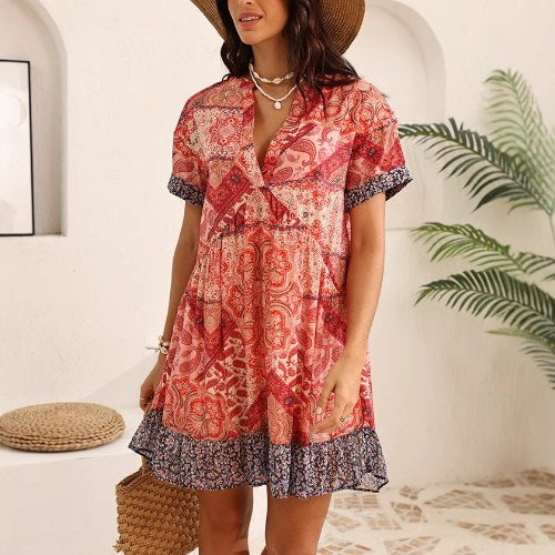 Bohemian V-Neck Print Chiffon Mini Dress DP25C880