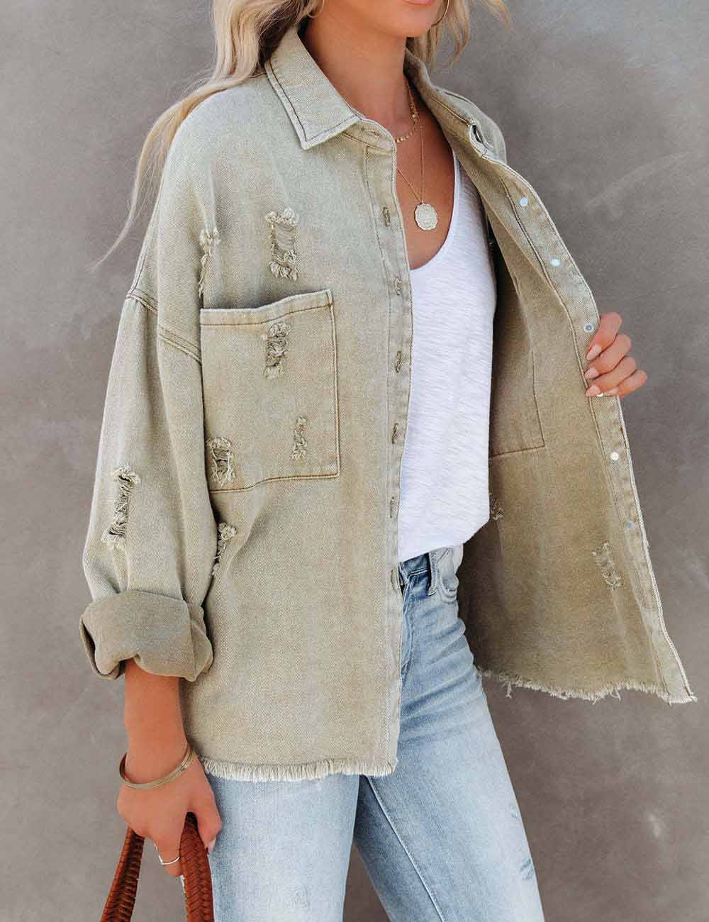 Vintage Lapel Collar Ripped Frayed Denim Jacket DP25E561