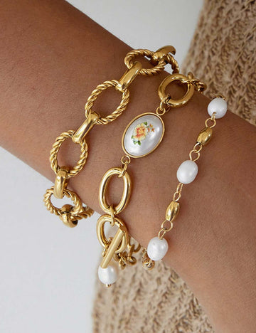 Chunky Pearl Gold Chain Bracelet - DippedShop Wholesale - #7731