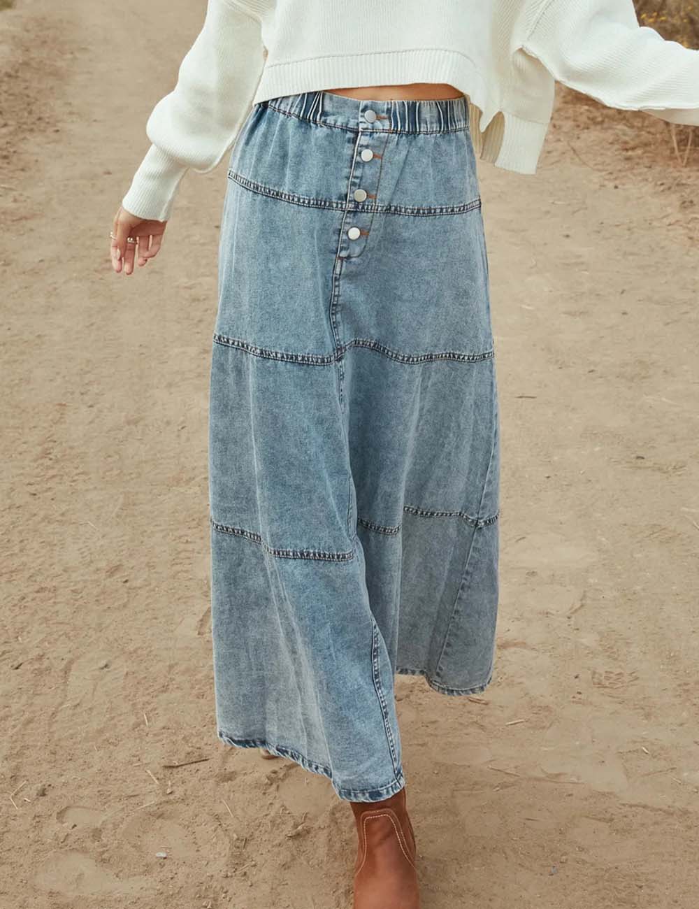 Minimalist Layered A-Line Denim Midi Skirt DP25D908
