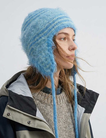 Fuzzy Striped Knit Beanie Hat With Drawstring DP25H698