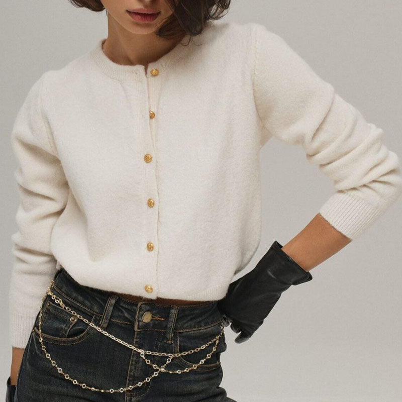 Minimalist Round Neck Long Sleeve Cropped Cardigan DP25E537