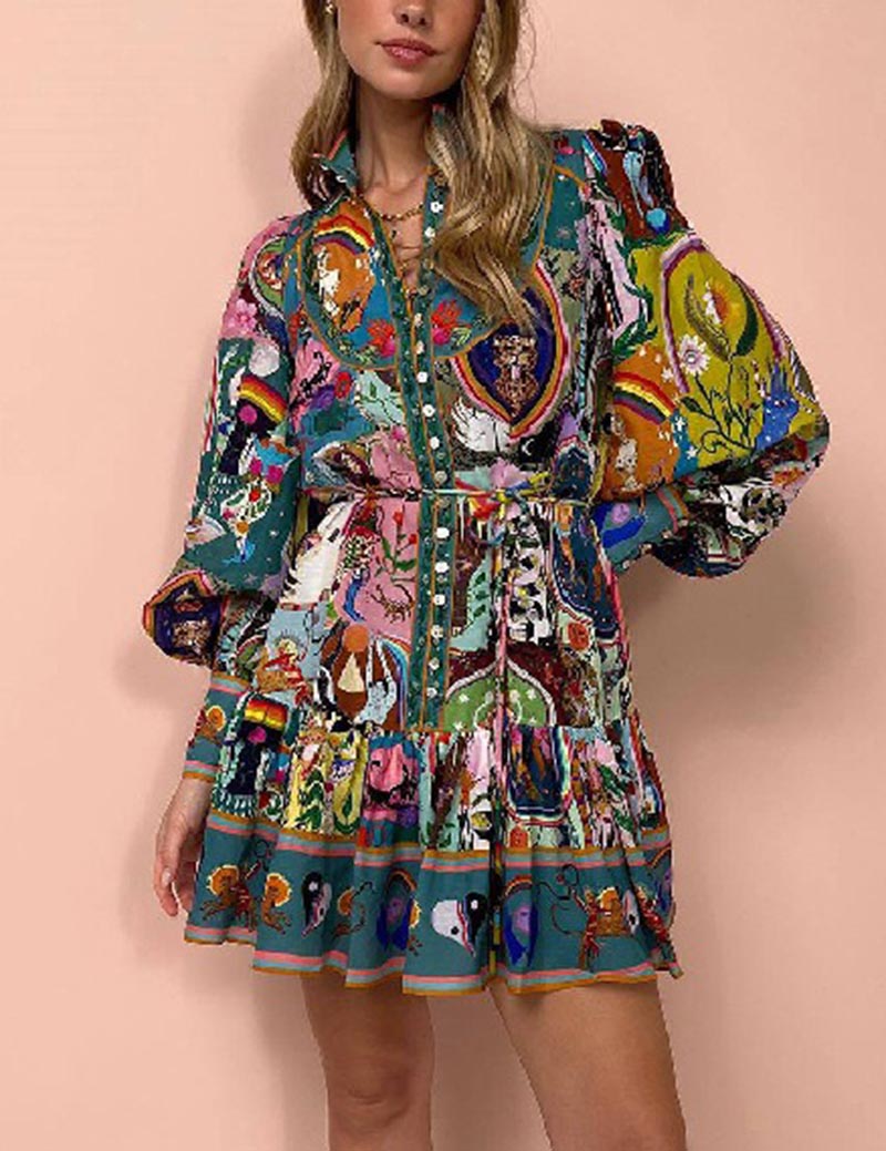 Long Sleeve Floral Tie-Waist Pleated Mini Dress DP25E667