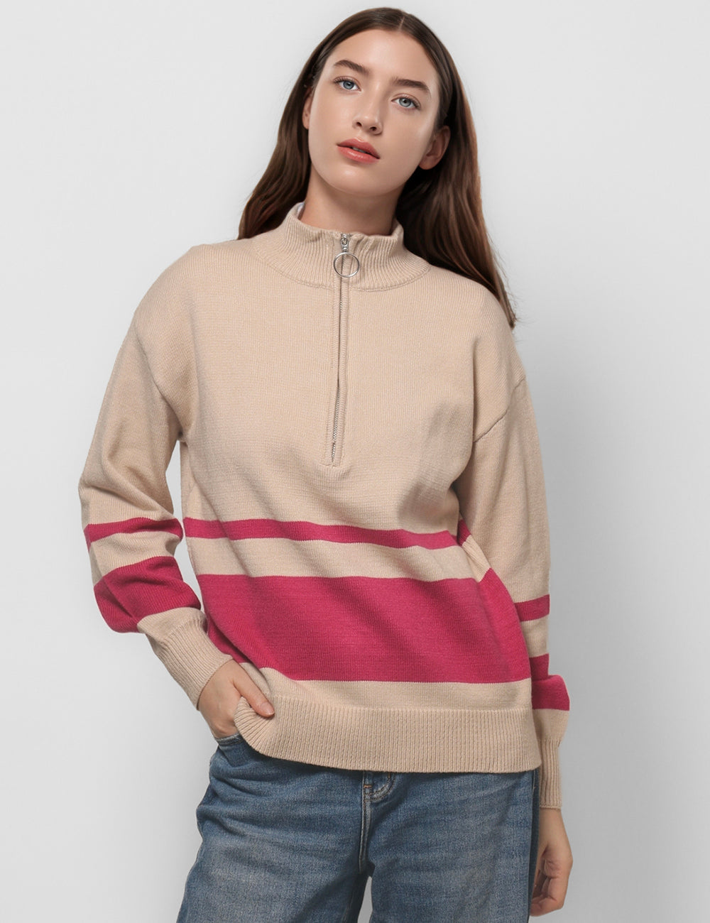 Color Block Zipper Sweater Knit Sweatshirt DPT4777