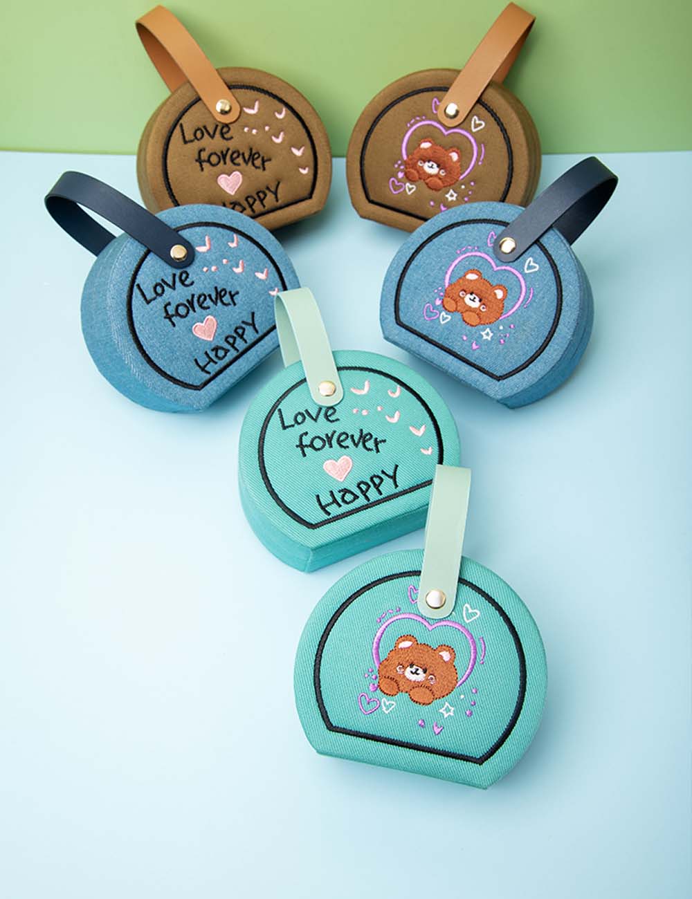 Denim Heart Embroidered Jewelry Box with Handle DP25F859