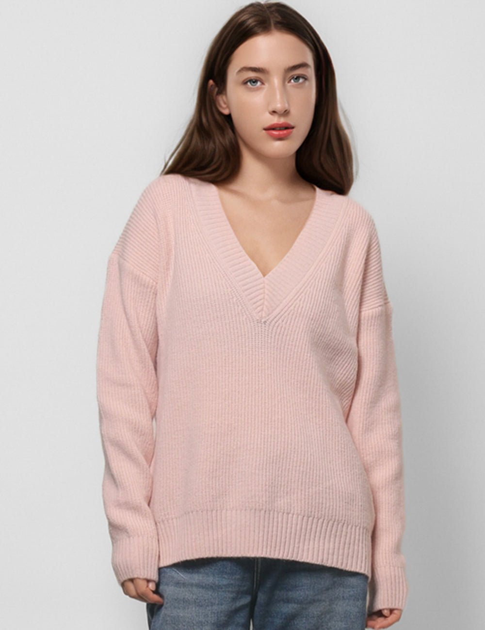 V-Neck Loose Solid Color Pullover Sweater DPT4761