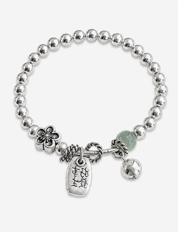 Chunky Silver Flower Stone Charm Beaded Bracelet 6W6JBR334