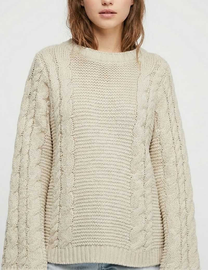 Cable Knit Round Neck Bell Sleeve Sweater DP25H635