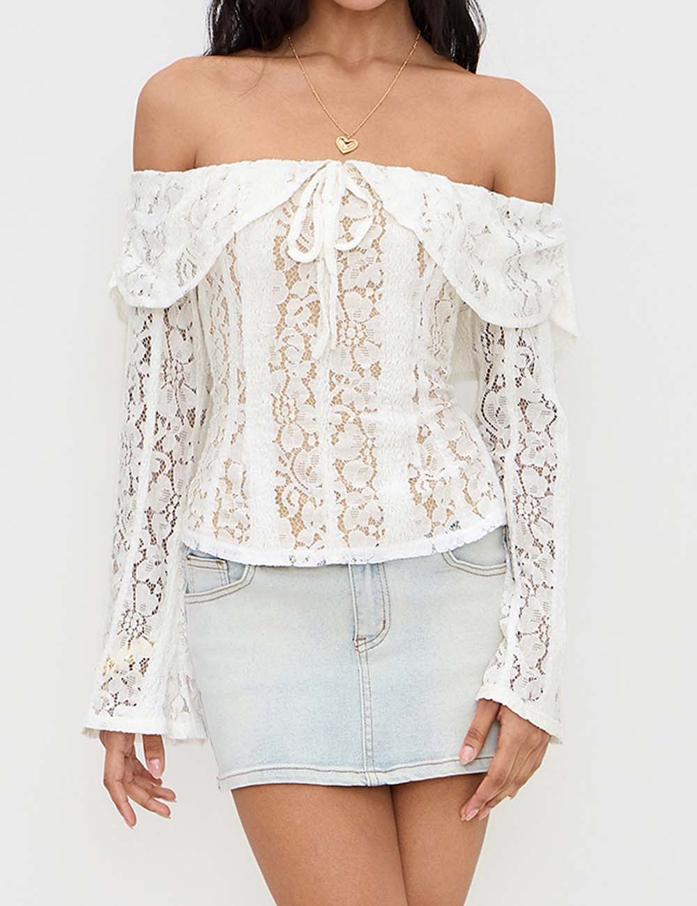 Elegant Off Shoulder Lace Long Sleeve Top DP25F508