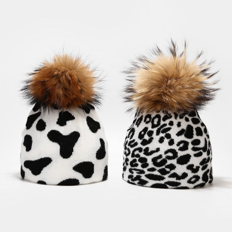 Cow Leopard Pattern Cute Knit Pom Beanie DPKB0308