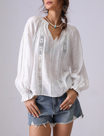 Lace Splicing Ruffle V-Neck Pullover Top DP25C872