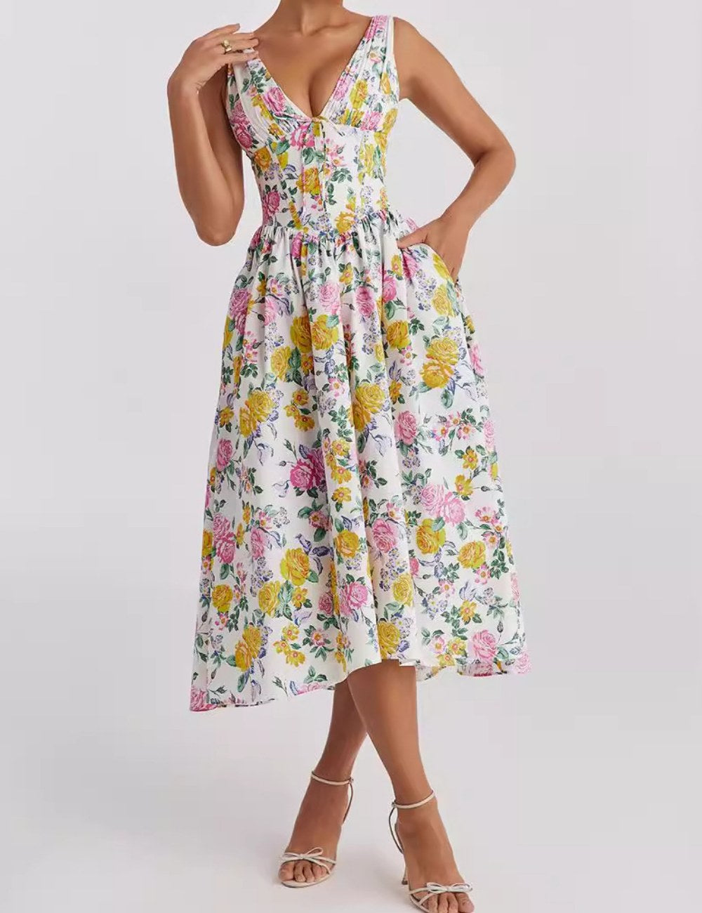 V-Neck Slim Sleeveless Floral Print Midi Dress DP25B504