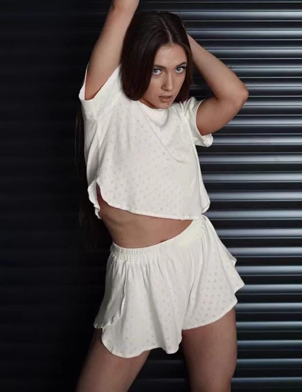 Simple Top Split Shorts Knit Loungerwear Set DP25F495