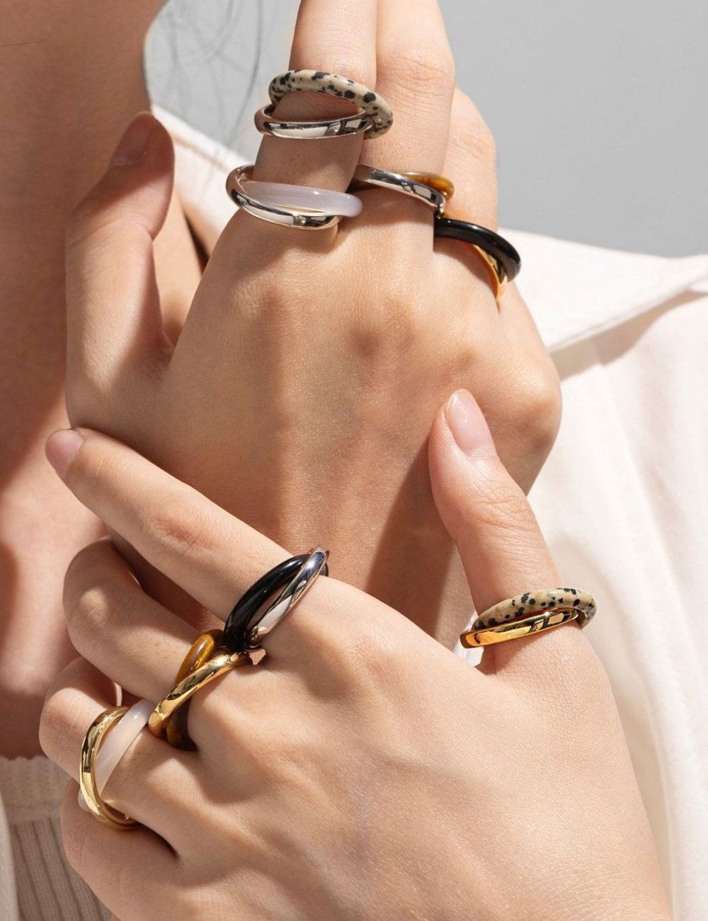 Layered Natural Stone Metal Rings DP25B820