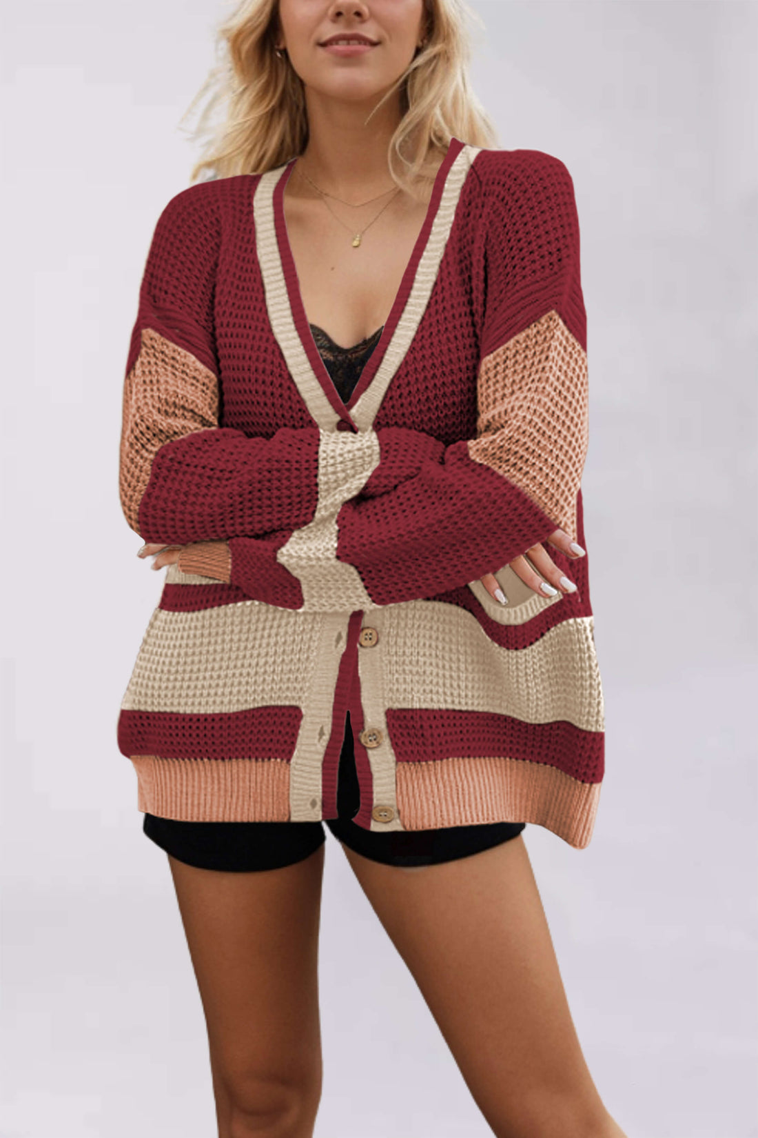 V-Neck Color Block Sweater Knit Cardigan DPT0801