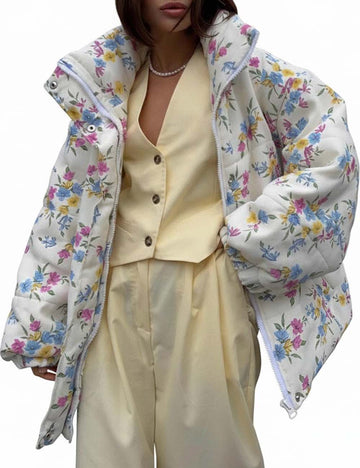 Floral Print  Stand Collar Zipper Cotton Padded Jacket DP25G987