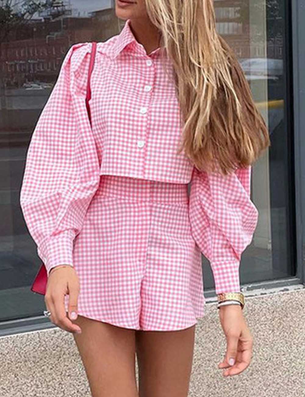 Elegant Lapel Collar Plaid Shirt Shorts Sets DP25F552