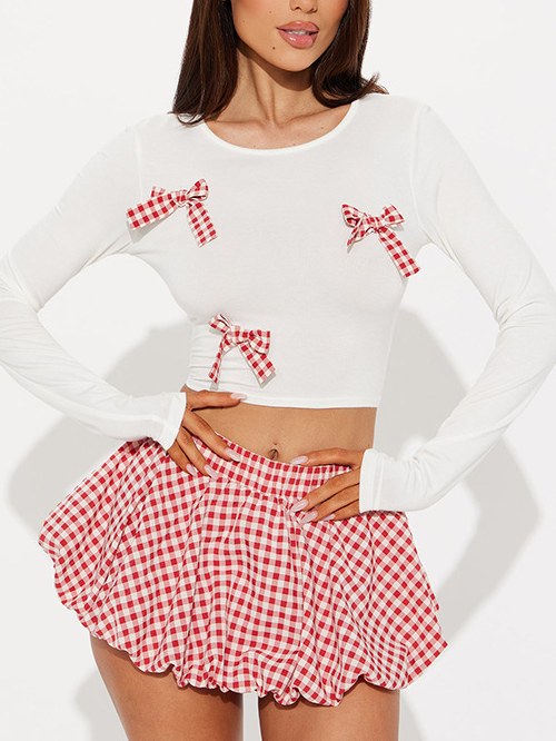 Cute Bow Top Plaid Puffy MIni Skirt Set DP25C457
