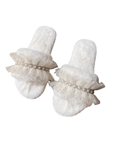 Rhinestone Lace Pearl Plush Slippers DP25G472