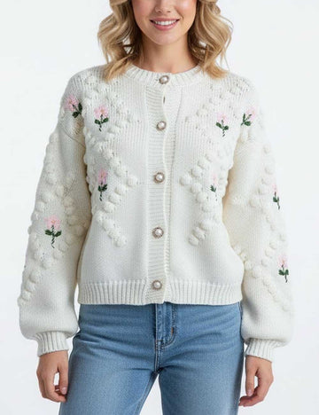 Floral Embroidery Crochet Pearl Button Knit Cardigan DP25G972
