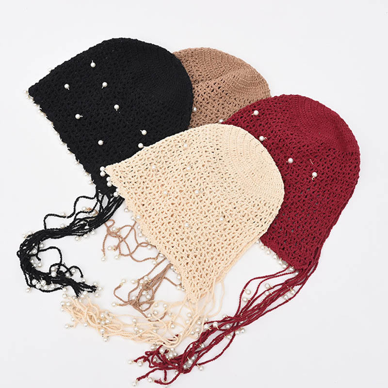 Vintage Pearl Tassel Hollow Out Crochet Beanie Hat MK2CK6W6HAT57