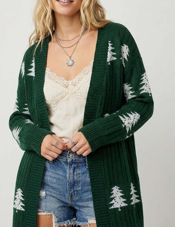 Trendy Embroidery Christmas Tree Knit Long Cardigan DP25H429