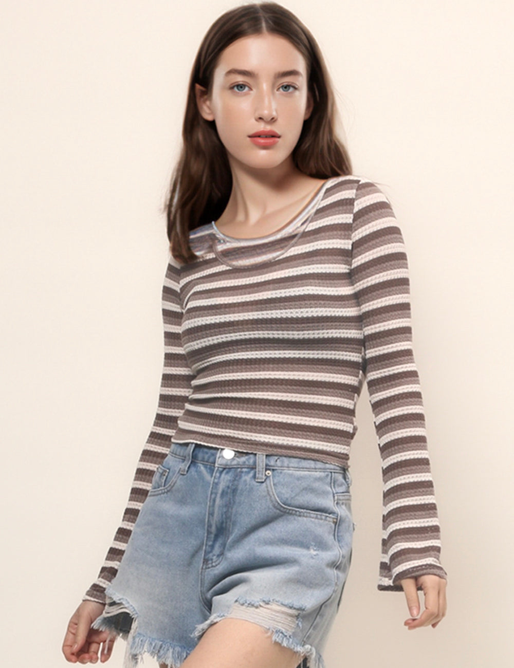 Striped U-Neck Slim Fit Short Knit Top DPT4834